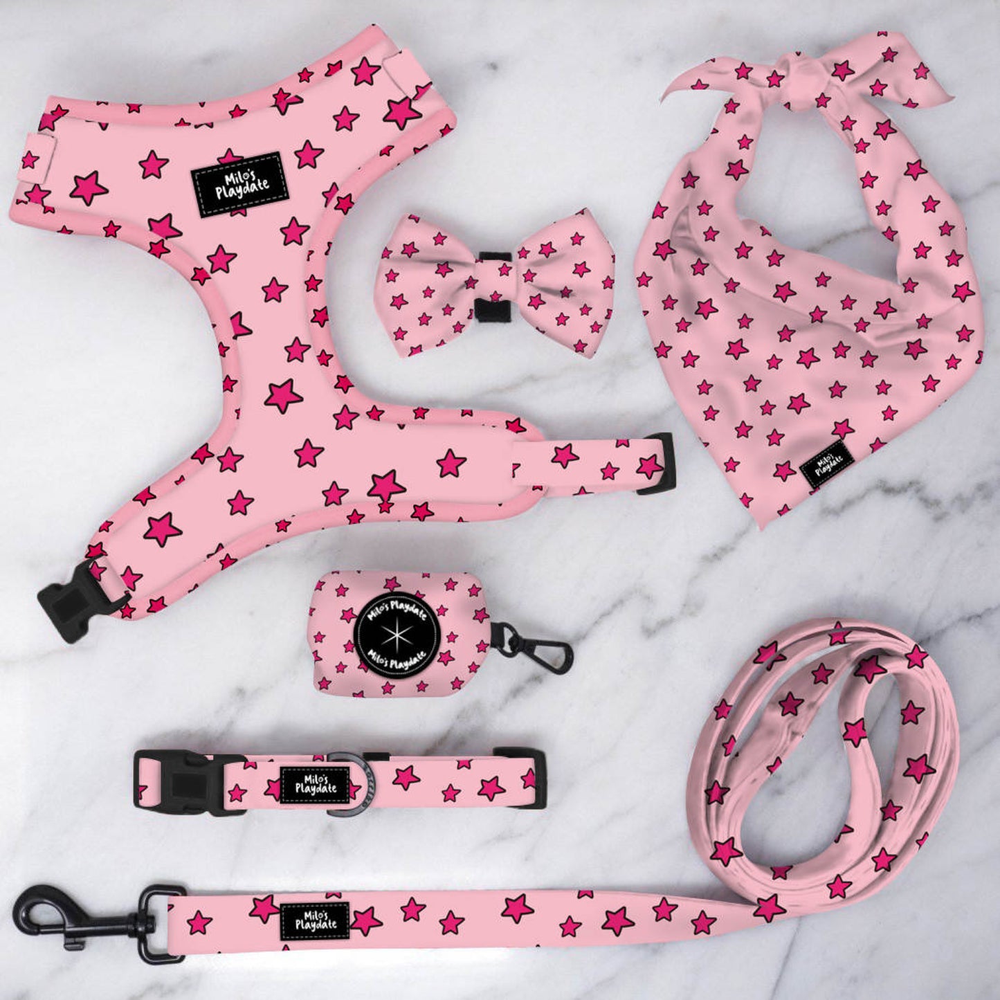 PINK STAR DOG HARNESS AND LEAD SET